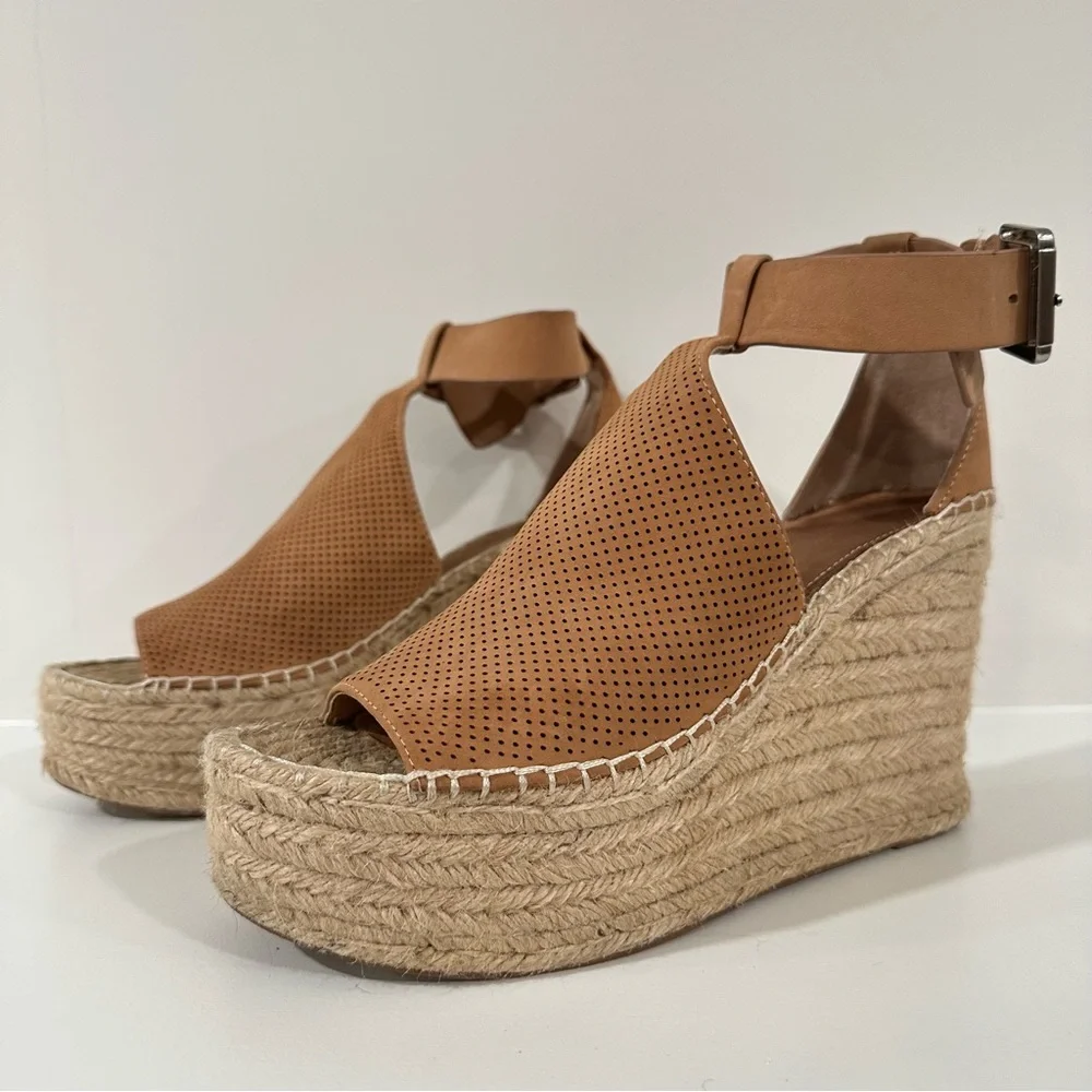 Marc Fisher Annie Perforated Wedge Platform Espadrille Blush Suede Size 8